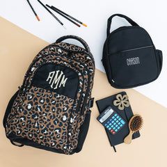kids monogrammed cheetah backpack with personalized black lunch box