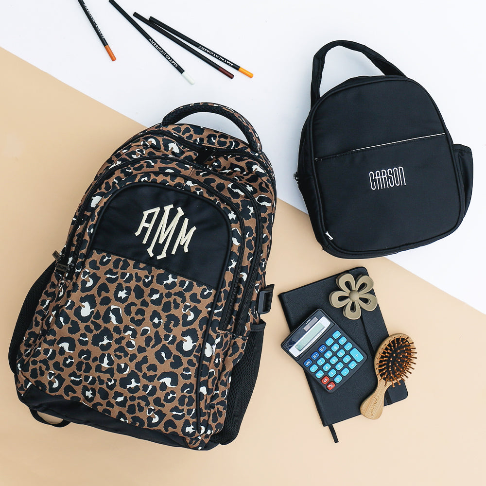 kids monogrammed cheetah backpack with personalized black lunch box