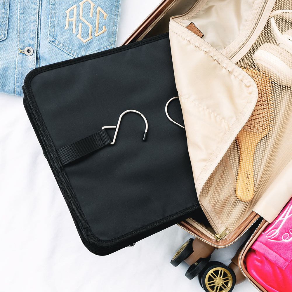 personalized hanging packing organizer collapsed in suitcase